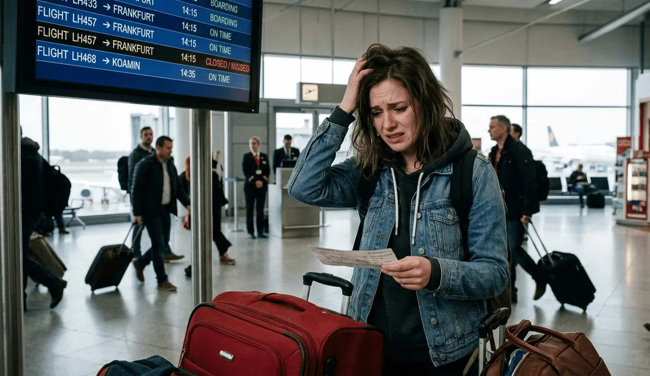 Woman making frustrated face becaue she missed her flight due to TSA lines.