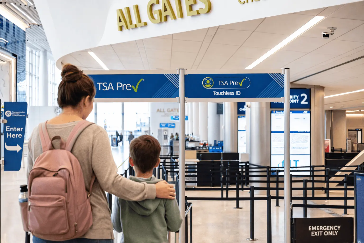 A mother with her son trying to figure out if she can use the TSA PreCheck Touchless ID with kids.